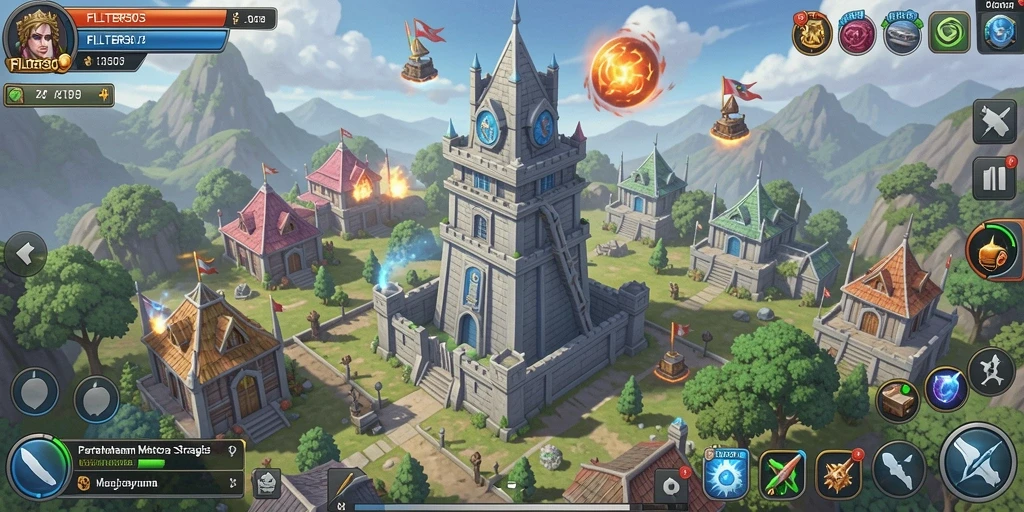 Tampilan gameplay FILTER303 dengan menara pertahanan yang strategis.