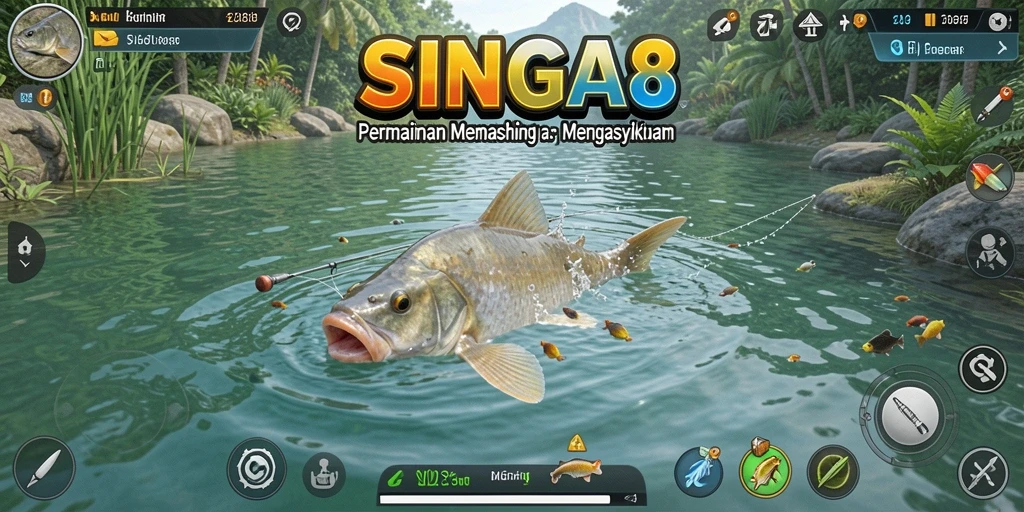 Tampilan gameplay SINGA8 yang menampilkan aksi memancing yang seru.