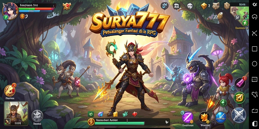 Screenshot gameplay SURYA777 dengan karakter petualang di dunia fantastis.